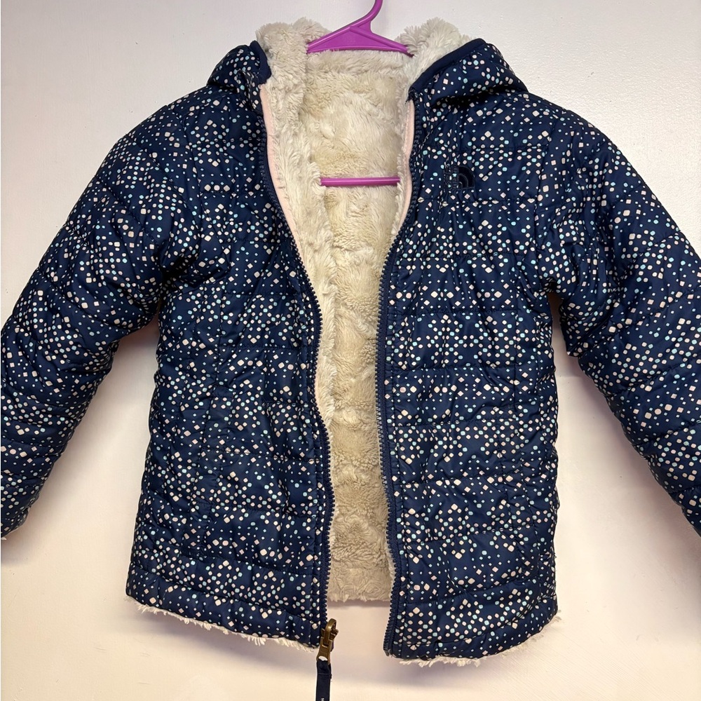 The North Face Kids Reversible Navy Polka Dot Puffer Jacket